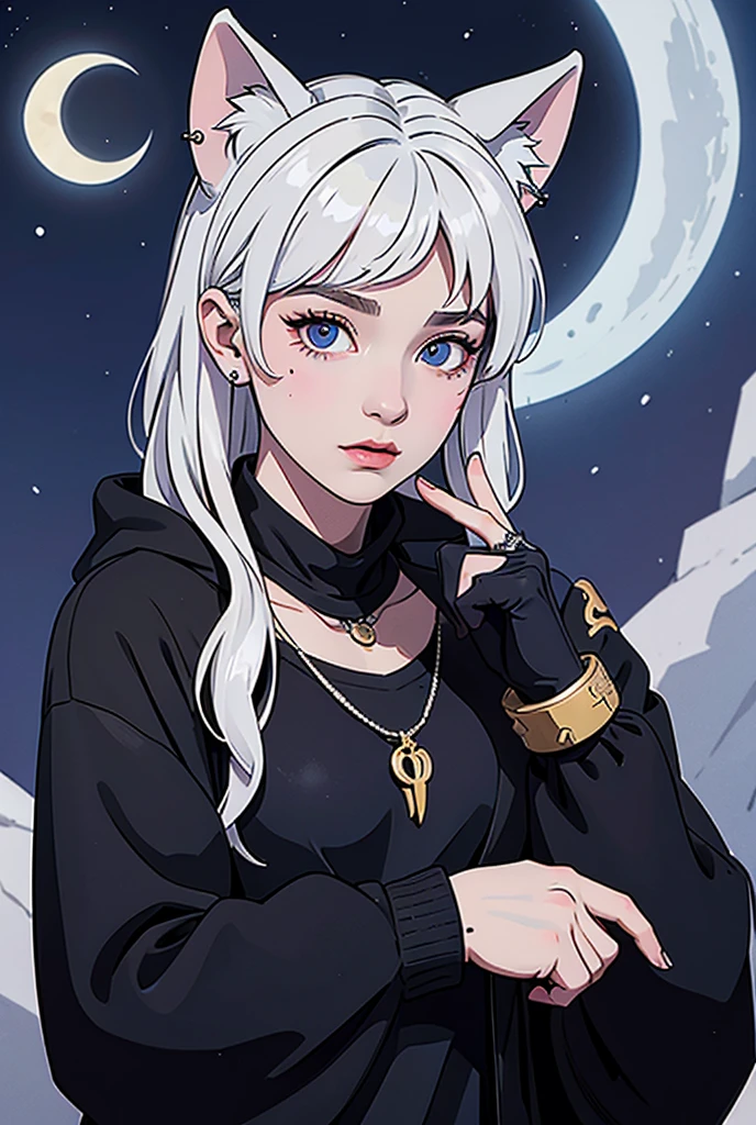 ( anthropomorphic cute wolf cub ) WOLF EARS, with a black jacket,  one blue eye and one white  , Heterochromia of the eyes ,,  shawl thin blond curly hair with purple ends ,bad girl ,  moon-shaped birthmark on the forehead  🌕🌙, hybrid ,young, portrait, ,  pose facing the camera ,  cartoon ,   dressed as a metal rocker costume from an 80s masterpiece , Confident Pose, youtuber, fleshy lips , piercings no nariz e nas WOLF EARS,  tattoos all over the body , tattoo de lua 🌙 acima dos seios, Black angel wings on the back .,   and a dark purple necklace around the neck  ,  A hand with a drag glove, приветствует рукой 