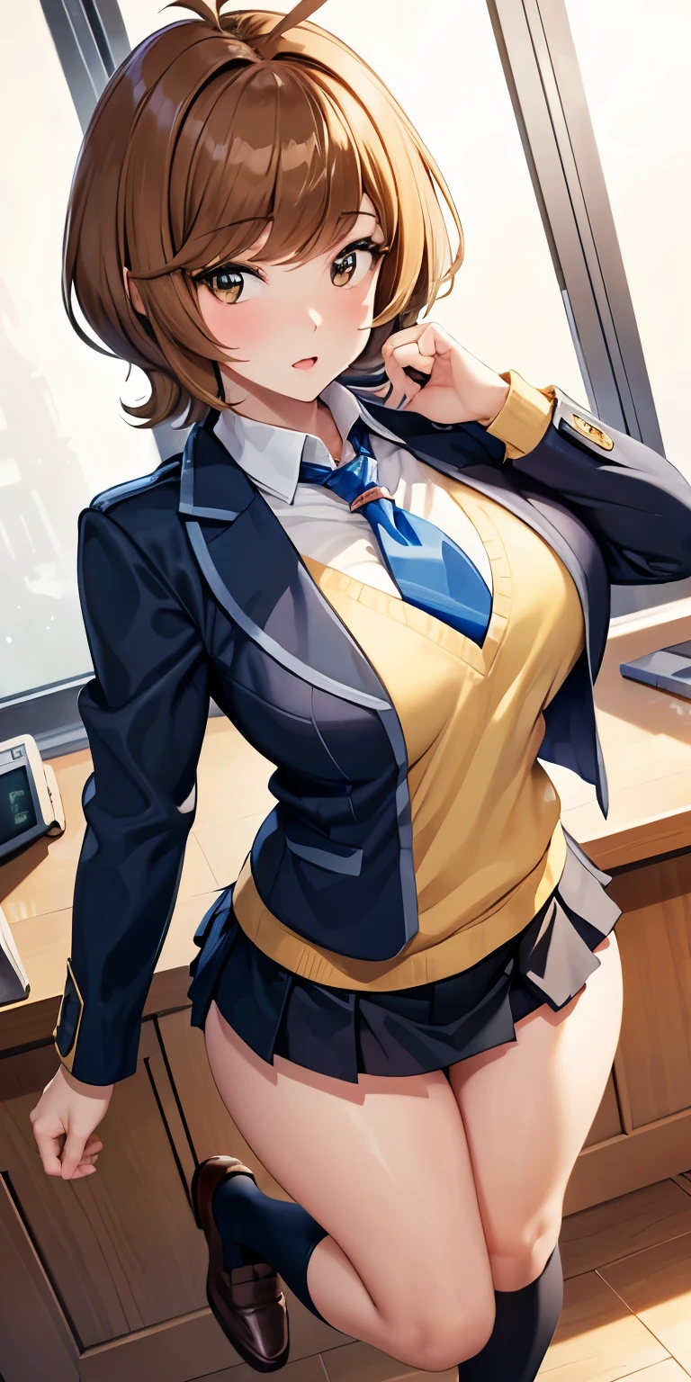 1 Female,High definition,high resolution,Ultra-realistic,8K, hmza, short hair, antenna hair, brown eyes, school uniform, blue necktie, yellow shirt,black jacket, long sleeves, black skirt,tight skirt, miniskirt, large breasts, brown shoes,large breasts,European,sexy,Upper body close-up,Photographed from the front,Dynamic Angles,private teacher,A little sheer underwear,blue underwear,blush, big tits ,(top view),(full body), perfect face,cute face