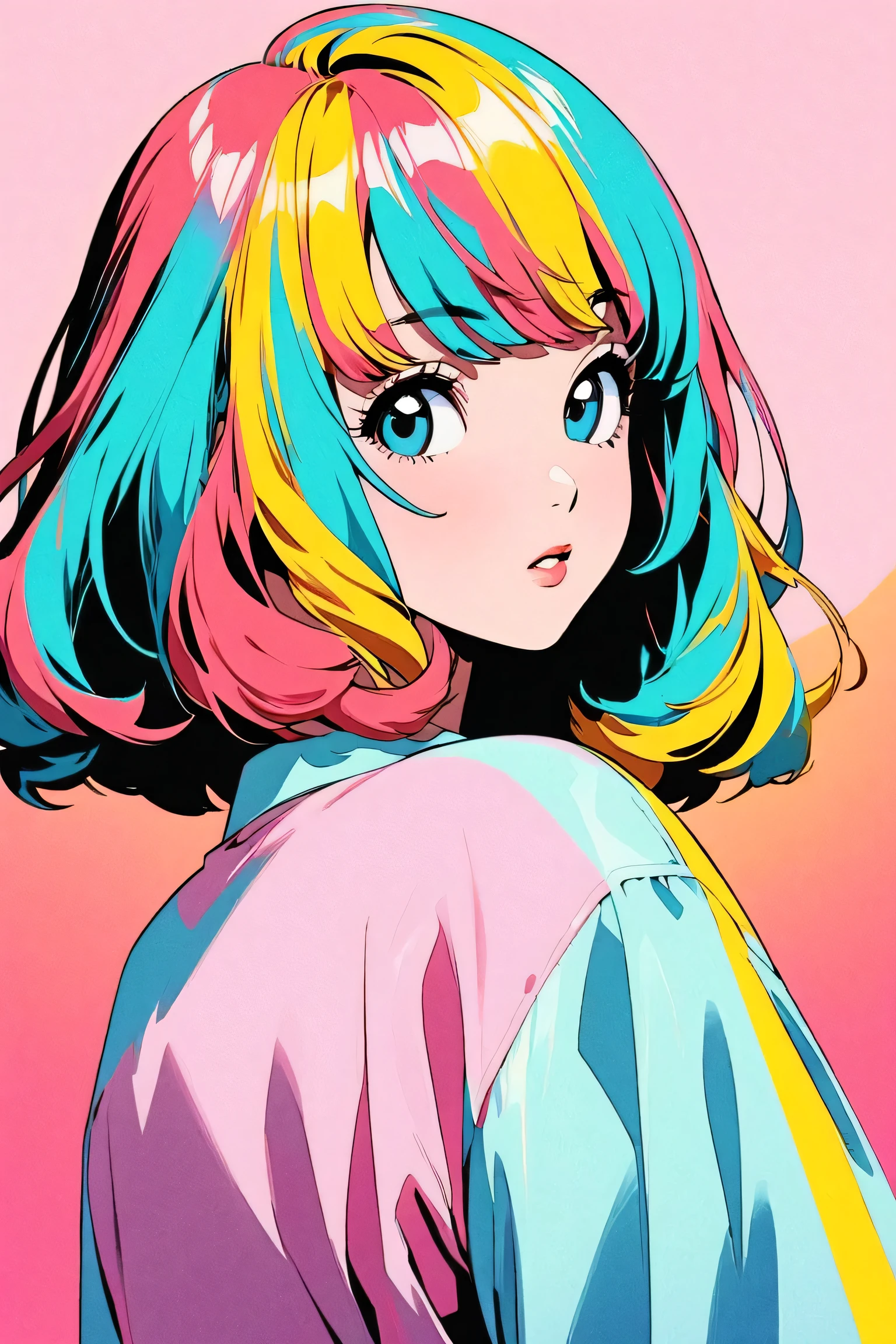 (highest quality:1.2, City Pop Style, Very detailed, up to date, Vibrant, High Contrast, masterpiece:1.2, highest quality, Best aesthetics), girl, ((Face Up Shot:1.4)), Colorful Hair, Bobcut, pastel colour, 1980s style, ((Retro, Vintage, Solid color background)), Yayoi Kusama style, colorful hearts