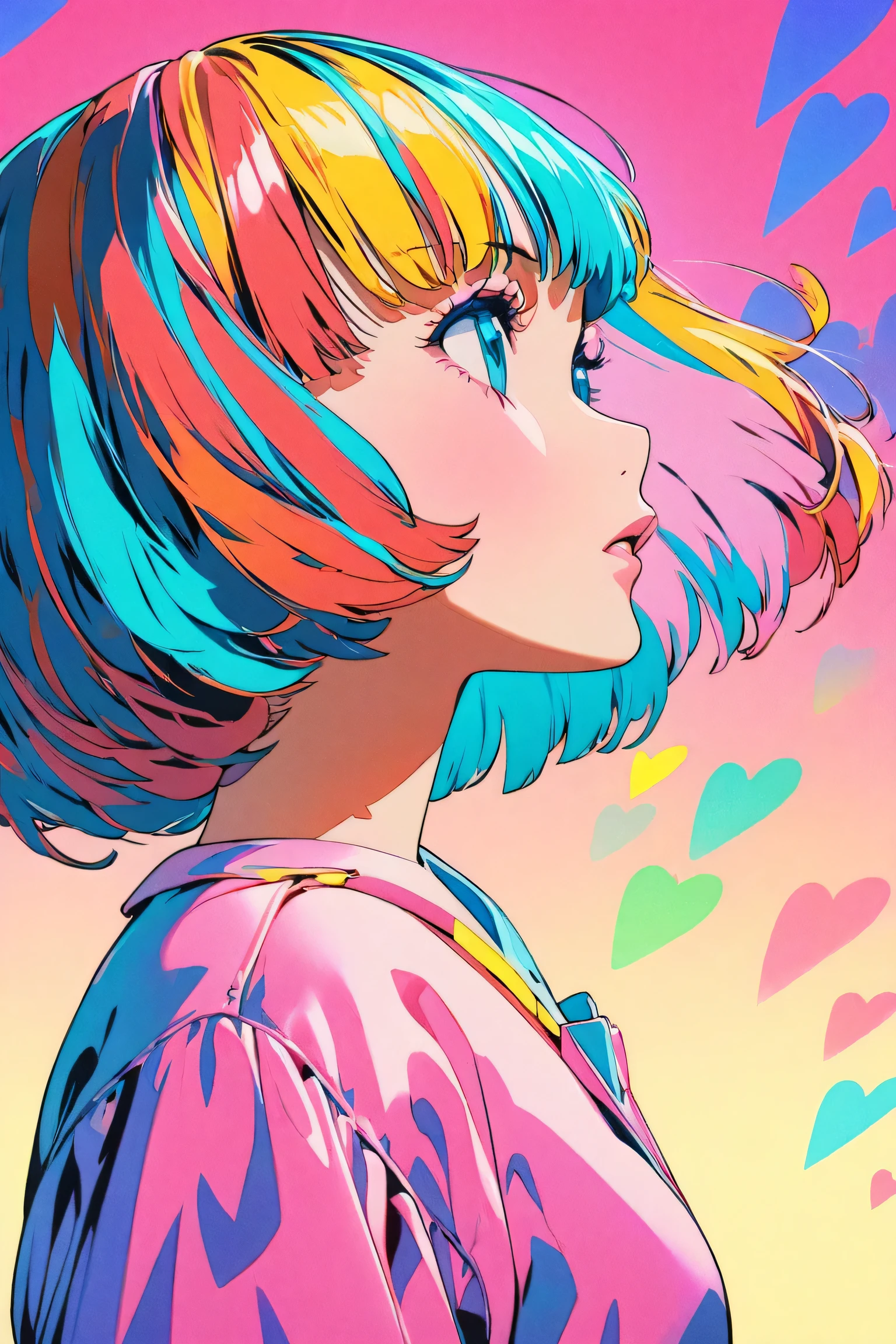 (highest quality:1.2, City Pop Style, Very detailed, up to date, Vibrant, High Contrast, masterpiece:1.2, highest quality, Best aesthetics), girl, ((Face Up Shot:1.4)), Colorful Hair, Bobcut, pastel colour, 1980s style, ((Retro, Vintage, Solid color background)), Yayoi Kusama style, colorful hearts