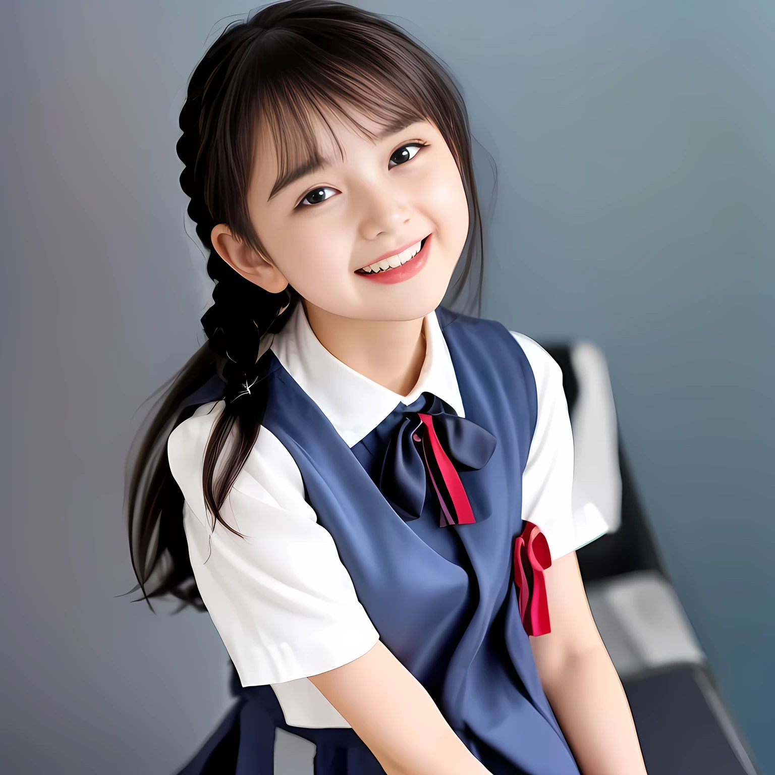 (Highest quality, masterpiece:1.2), Highest quality, High resolution, 1080P, 8k, (A **** Japanese young girls is looking down the viewer, using face-whitening cosmetics, prominent cool eyes, opened laughing giggling open mouth, gray-gray-blue school summer uniform with gray-gray-blue vest and widely-boxed-pleats-short-skirt and silk blouse and red breast ribbon pulled by her hands, twin-braids long hair: 1.5), (white thighs and knees: 1.7), (Well-balanced, prominent, Intelligent, drooping, double-eyelids, brown shiny large prominent eyes with detailed: 1.5), (gray-gray-blue school uniform with gray-gray-blue vest and boxed-pleats-skirt, short-sleeves silk blouse, glossy red breast ribbon: 1.5), ((Beautiful well-figured glossy opened lips like fortissimo soprano singer: 1.2)), (mature breast), (Girl whom everyone loves because of her beauty and beautiful eyes and lovely fashion and noble manner), (Very beautiful, glossy, cute neat black hair, twin-braids hair-style: 1.3), (Drives me crazy for her glossy neat hair and Make me fall into love), (plain blue background: 1.6), (Best style like a **** fashion model, mature breast), (((Completely balanced beautiful big big eyes, looking at me))), (eyes, face and hair are especially beautifully detailed and beautifully drawn: 1.5), (Satisfactory best shot by professional famous photographer for school girl's beauty: 1.5), (The soft white light clearly shows her face extremely white: 1.2), (Very soft laughing cheeks, very soft hands pulling the breast ribbon down, People who touch it feel eternal pleasure: 1.2), (Show me your cutest glossy face!!: 1.6), (Everything is too expensive and noble as a neat shy school girl including her expression, giving kiss and erotic mercy to poor miserable viewer!: 1.5), (Take a look-up shot from under them: 1.5), ((**** nicola model girls: 1.8))