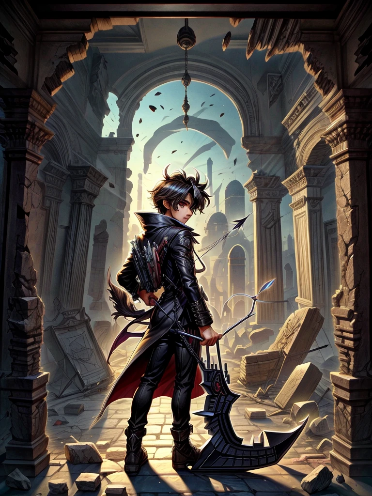 Detailed 8k male night hunter black hair red eyes with crossbow wearing black overcoat that is located inside the ruins within the ruins