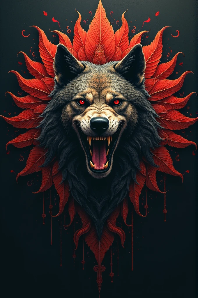 A logo of a fierce wolf, with eyes of fire the symbol of a red pill 