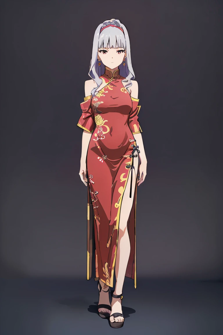 (( pixel perfect,  detail perfect))), Alone,  1 girl, takane shijou, Purple hair band , big , shirt, (((((Head to toe))) , (((( look forward))),(((( whole body)))( China dress ,  exposed shoulder ,  earrings for a woman alone, )、Single color background