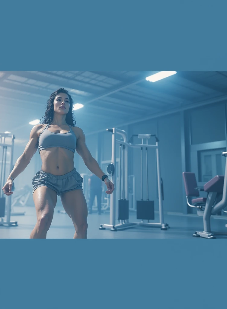 An illustration in 8K resolution portraying a fantasy woman with a perfect body, captured in a realistic gym scene. The artist's style, akin to Craig Mullins, emphasizes rich textures and atmospheric lighting. The woman strikes a powerful pose, surrounded by gym equipment. The color temperature is warm, enhancing her complexion. Her expression exudes determination and dedication. The lighting creates dramatic highlights and shadows, adding realism. The atmosphere is intense and authentic. --v 5 --stylize 1000