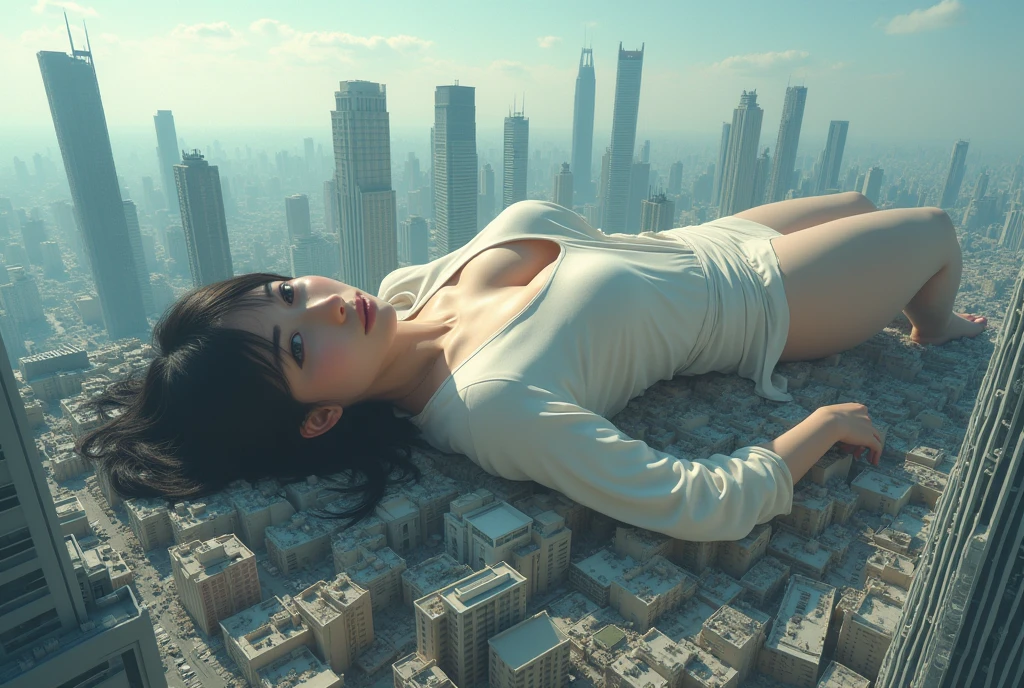 Aerial view、Above the Clouds、迫り来るGiantess、Crush a small building、Powerful movements、Great impact、giantess、Giantess、A woman taller than a skyscraper、Realistic、Realistic、Realistic景色、Realistic女性、Wear a pretty pink tank top、Cute woman、Young Japanese、short hair、Blonde Hair、Slim body、Destroyed City、rubble、A ruined world、GiantessにDestroyed City、Distant view of the city、Small buildings、小さなビルを踏み荒らすGiantess