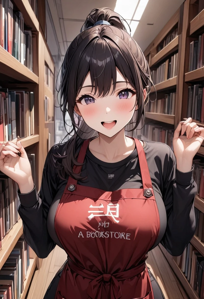 Beautiful girl 、Age 30、Best Quality、Ultra-precision、Detailed drawing、clerk、A bright bookstore、Lots of books on the wall、 black shirt、 red apron 、Sharpness、 ponytail、Hold a present in your hand、、Vivid colors、upright posture、front、 looking at the camera、A very ecstatic expression、Slender figure、Accurate depiction、 CG illustration、Beautiful figure、Beautiful big boobs、