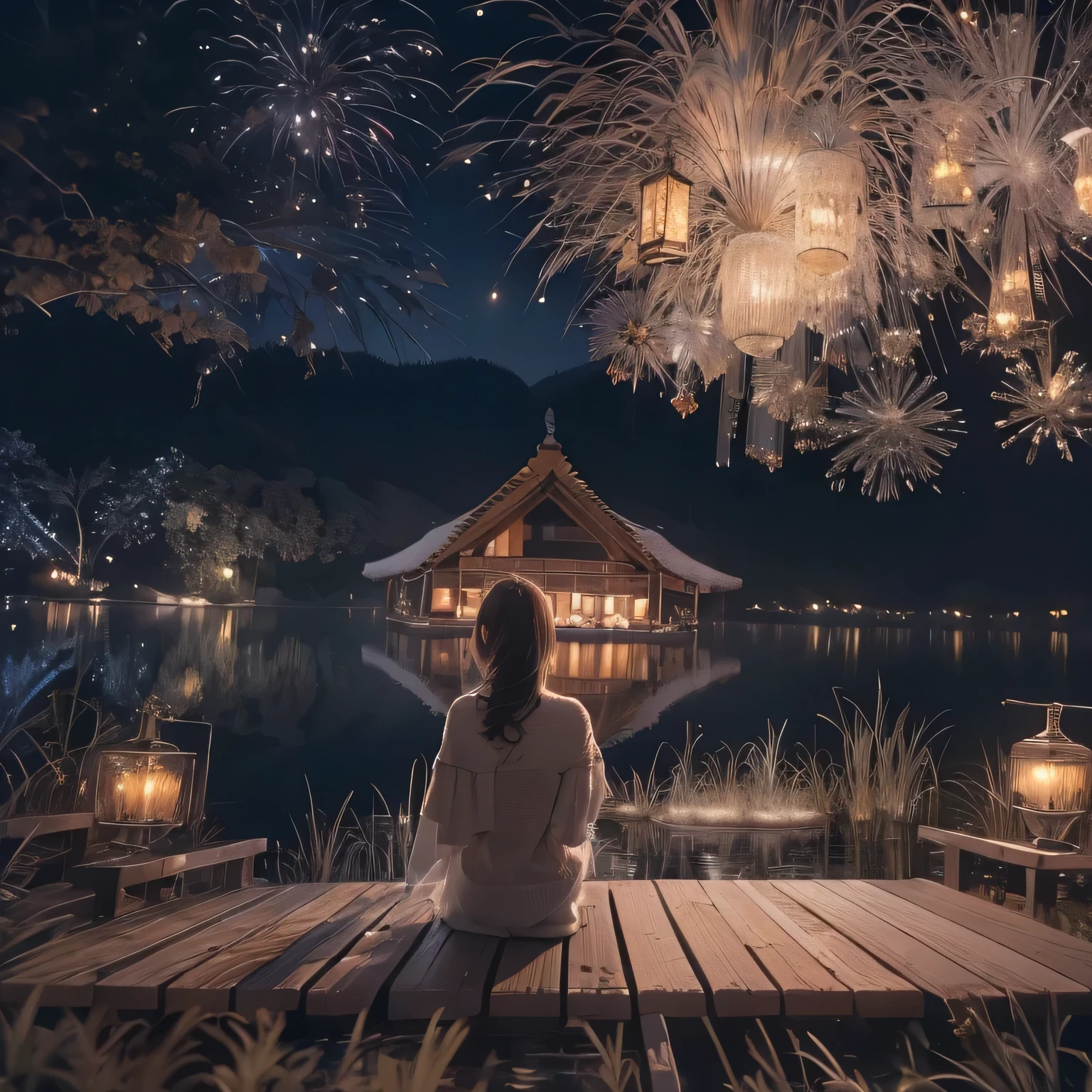 (masterpiece:1.3),(best quality:1.3),(high resolution:1.2),8k,Nighttime fireworks display。 Lake hut wooden deck 。Panoramic view of the hut 。Beautiful girl with brown eyes staring at fireworks。Bob 。Beautiful eyes