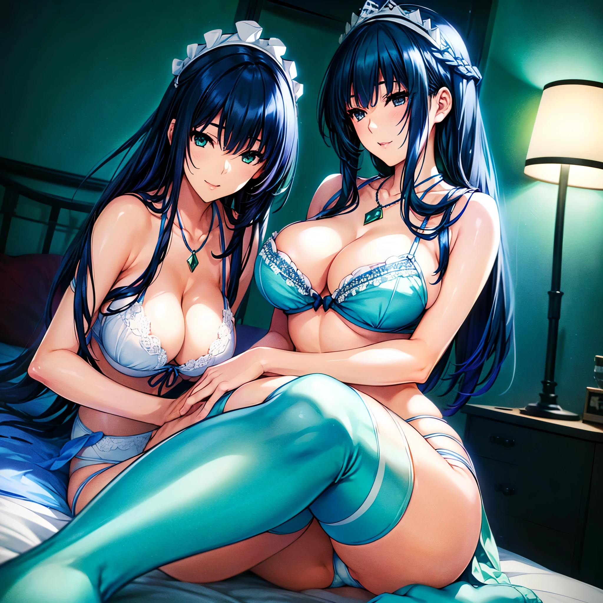 ((Beautiful ultramarine blue hair 、 long hair 、In underwear、White string panties、 white bra、Big Breasts、 cleavage、Captivating thighs、 adult woman laughing、bedroom、green knee-high socks 、Green headdress))、 Glamorous Body 、Extremely sexy、 necklace 、Moonlit Night、 is standing、Beautiful long legs、Tempting