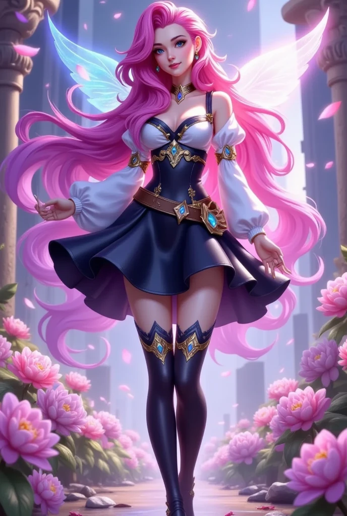    Seraphine in League of Legends  ，Flower Fairy，black flowing tulle fairy skirt,    Pink Haired  ，   blue eyes， intangible wings ，Yang J Concept Art , pixiv, Fantasy Art,    cushart krenz keyframe art witch girl skin，exquisite skin design  ， ,Skin details，   Extremely Detailed Artgerm Paintings   , Official character art,   Kamisato Ayaka Genjin    ,    Style Art Jem   , anime character art   , Epic Mage Girl Character   , detailed anime character art   , Anime Goddess