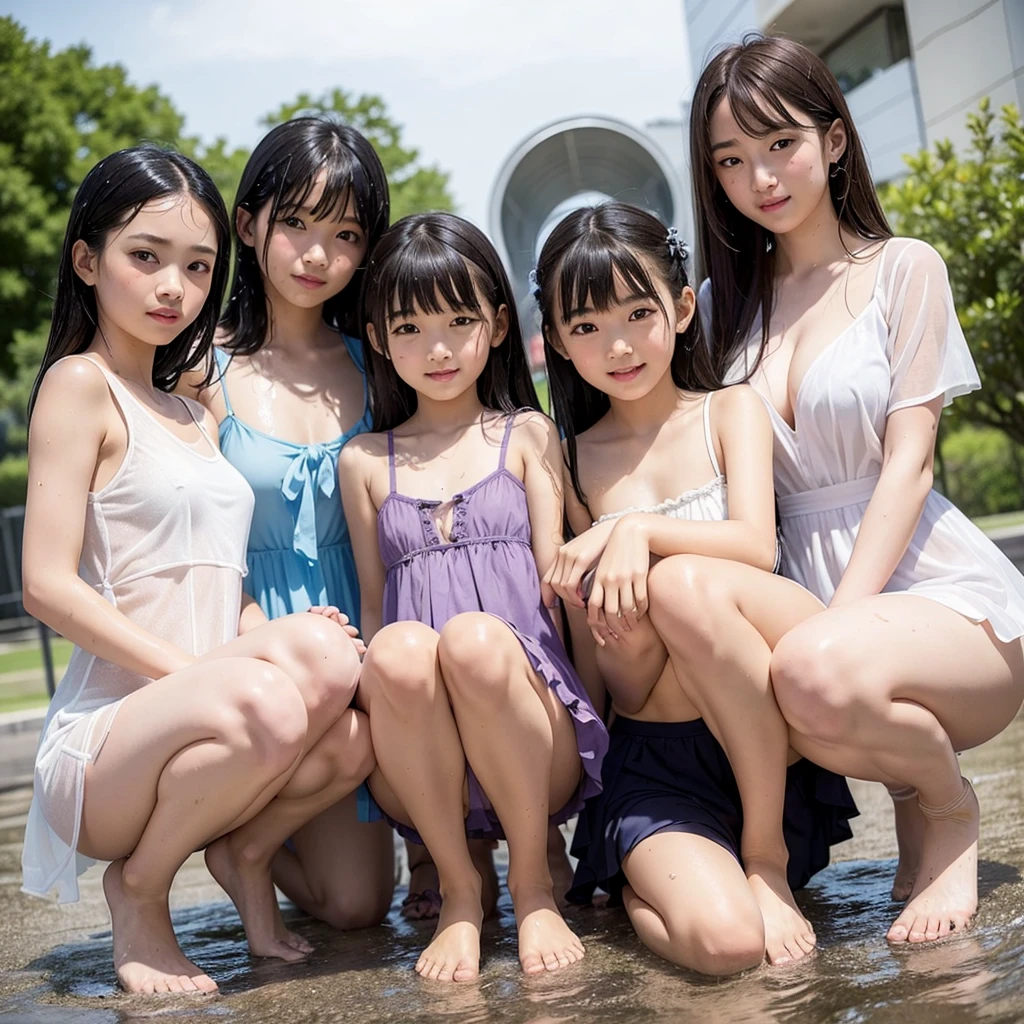   multiple elementary school girls、  My bust is flat  、Summer Dress, your clothes get wet with water and you can see through your bare skin,Harem,Three beautiful girls,Squat down and stick your lower back into the camera , camel toes, open legs,I eat ,