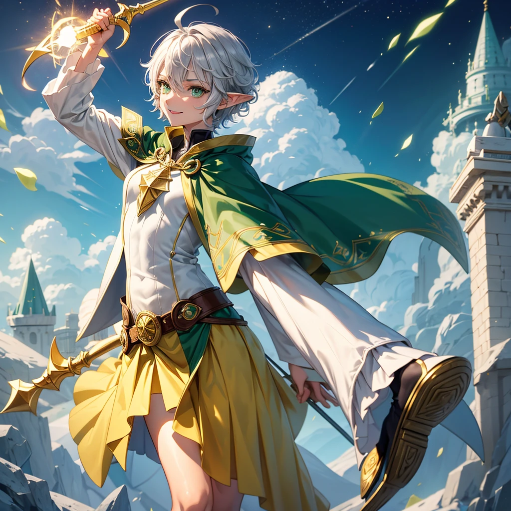 elf, cool female, silver hair,short hair, medium cut, ahoge, curly hair, green eyes,slender, fair skin, yellow drop reef magic wizard light armor robe, yellow cape, boyish, magic one hand cane, pants, long boots, cool smile, boyish