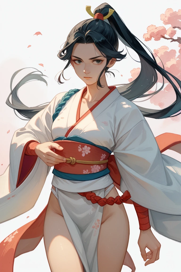 (Chinese traditional old painting image, hanfu, kung-fu form, holding thin long sword), ((pubic hair, round face, eyes with realistic sizing, drooping eyes, blush, spread legs)), (((standing masturbation with her hand))), open mouth,