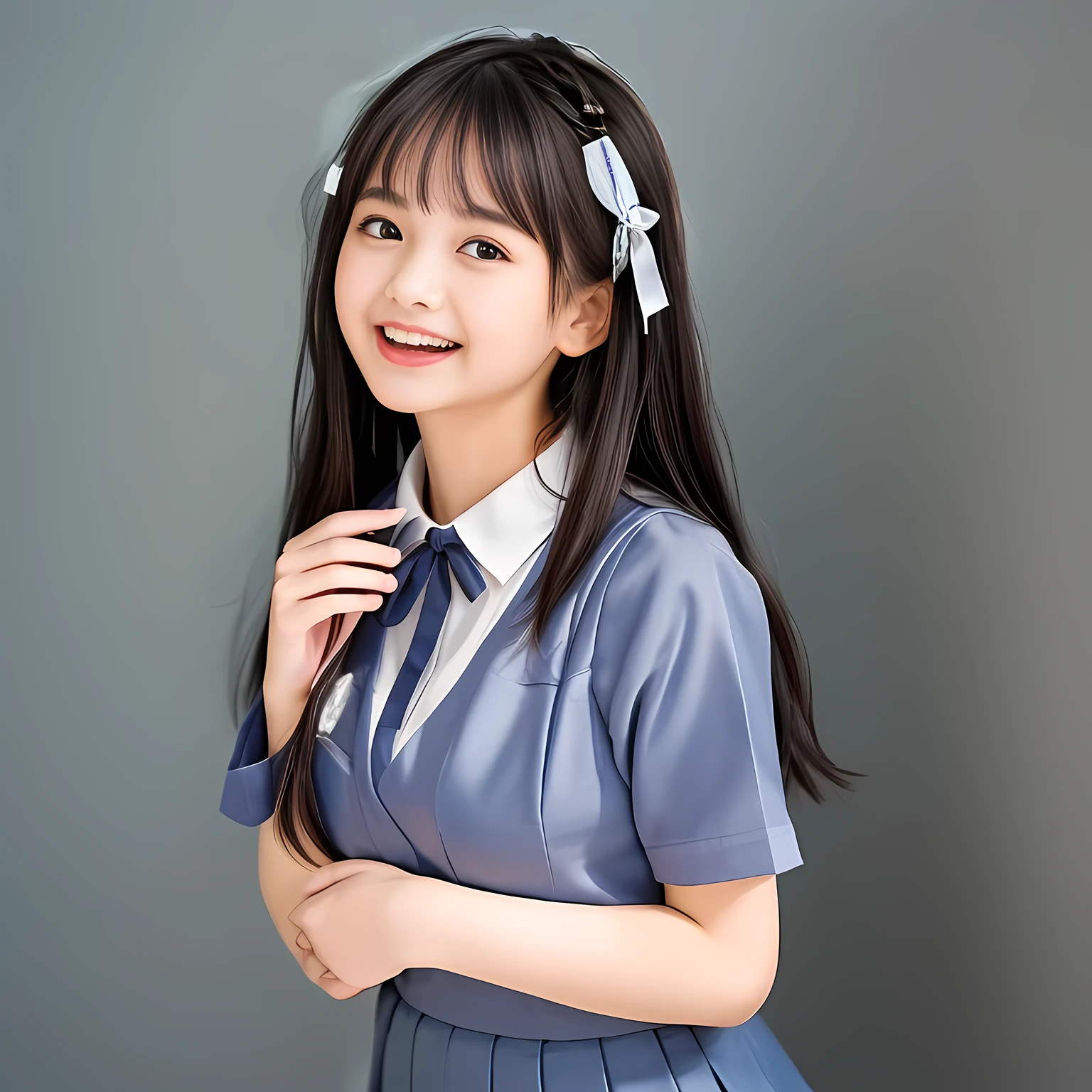 (Highest quality, masterpiece:1.2), Highest quality, High resolution, 1080P, 8k, (A 15yo Japanese fashion model is seated, looking down the viewer, using face-whitening cosmetics, prominent cool eyes, opened laughing giggling open mouth, gray-gray-blue school summer uniform with gray-gray-blue vest and widely-boxed-pleats-short-skirt and silk blouse and red breast ribbon pulled by her hands, twin-braids long hair: 1.5), (white thighs and knees: 1.7), (Well-balanced, prominent, Intelligent, drooping, double-eyelids, brown shiny large prominent eyes with detailed: 1.5), (gray-gray-blue school uniform with gray-gray-blue vest and boxed-pleats-skirt, short-sleeves silk blouse, glossy red breast ribbon: 1.5), ((Beautiful well-figured glossy opened lips like fortissimo soprano singer: 1.2)), (mature breast), (Girl whom everyone loves because of her beauty and beautiful eyes and lovely fashion and noble manner), (Very beautiful, glossy, cute neat black hair, twin-braids hair-style: 1.3), (Drives me crazy for her glossy neat hair and Make me fall into love), (plain blue background: 1.6), (Best style like a 13yo fashion model, mature breast), (((Completely balanced beautiful big big eyes, looking at me))), (eyes, face and hair are especially beautifully detailed and beautifully drawn: 1.5), (Satisfactory best shot by professional famous photographer for school girl's beauty: 1.5), (The soft white light clearly shows her face extremely white: 1.2), (Very soft laughing cheeks, very soft hands pulling the breast ribbon down, People who touch it feel eternal pleasure: 1.2), (Show me your cutest glossy face!!: 1.6), (Everything is too expensive and noble as a neat shy school girl including her expression, giving kiss and erotic mercy to poor miserable viewer!: 1.5), (Take a look-up shot from under them: 1.5), ((15yo nicola model girls: 1.8))