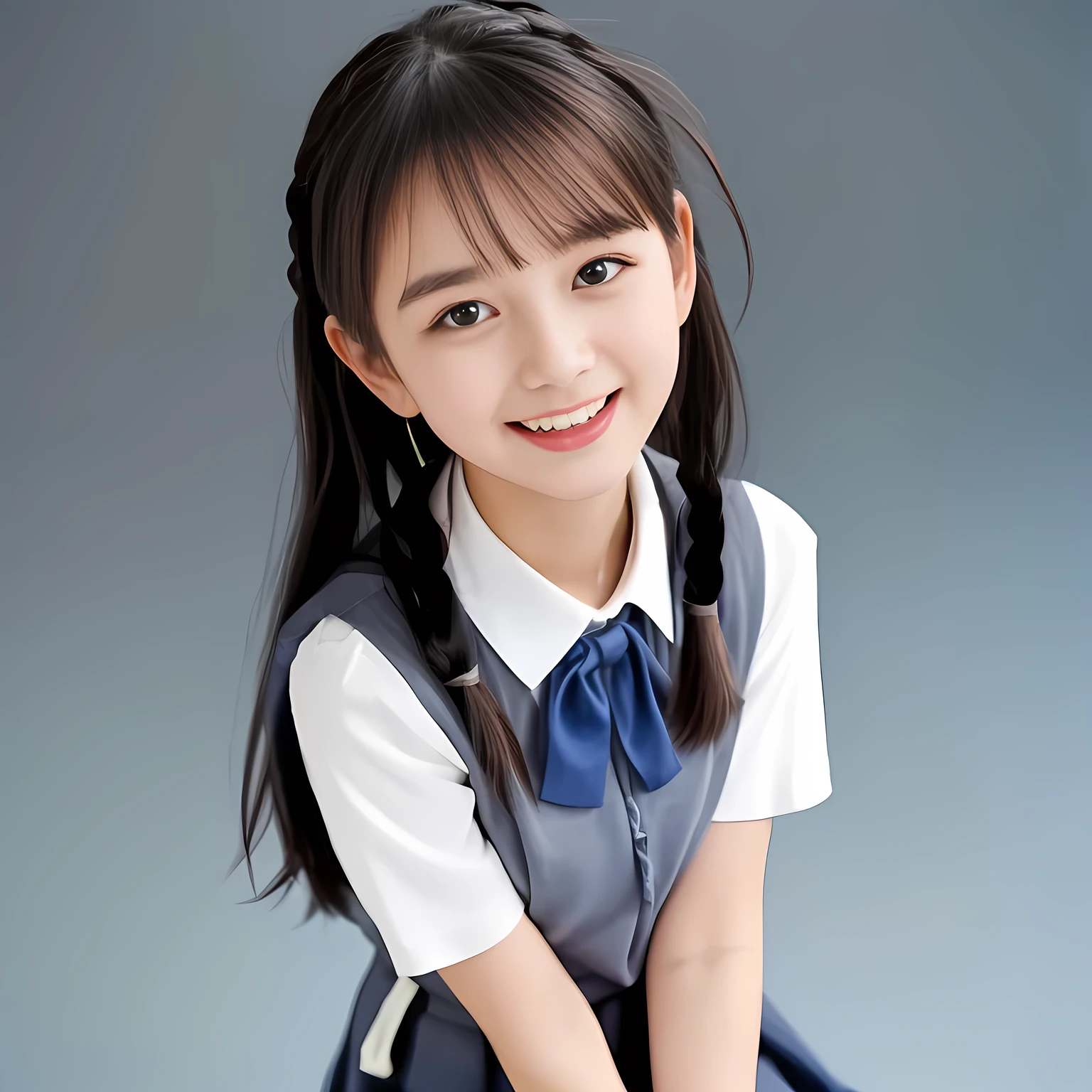 (Highest quality, masterpiece:1.2), Highest quality, High resolution, 1080P, 8k, (A 15yo Japanese fashion model is seated, looking down the viewer, using face-whitening cosmetics, prominent cool eyes, opened laughing giggling open mouth, gray-gray-blue school summer uniform with gray-gray-blue vest and widely-boxed-pleats-short-skirt and silk blouse and red breast ribbon pulled by her hands, twin-braids long hair: 1.5), (white thighs and knees: 1.7), (Well-balanced, prominent, Intelligent, drooping, double-eyelids, brown shiny large prominent eyes with detailed: 1.5), (gray-gray-blue school uniform with gray-gray-blue vest and boxed-pleats-skirt, short-sleeves silk blouse, glossy red breast ribbon: 1.5), ((Beautiful well-figured glossy opened lips like fortissimo soprano singer: 1.2)), (mature breast), (Girl whom everyone loves because of her beauty and beautiful eyes and lovely fashion and noble manner), (Very beautiful, glossy, cute neat black hair, twin-braids hair-style: 1.3), (Drives me crazy for her glossy neat hair and Make me fall into love), (plain blue background: 1.6), (Best style like a 13yo fashion model, mature breast), (((Completely balanced beautiful big big eyes, looking at me))), (eyes, face and hair are especially beautifully detailed and beautifully drawn: 1.5), (Satisfactory best shot by professional famous photographer for school girl's beauty: 1.5), (The soft white light clearly shows her face extremely white: 1.2), (Very soft laughing cheeks, very soft hands pulling the breast ribbon down, People who touch it feel eternal pleasure: 1.2), (Show me your cutest glossy face!!: 1.6), (Everything is too expensive and noble as a neat shy school girl including her expression, giving kiss and erotic mercy to poor miserable viewer!: 1.5), (Take a look-up shot from under them: 1.5), ((15yo nicola model girls: 1.8))