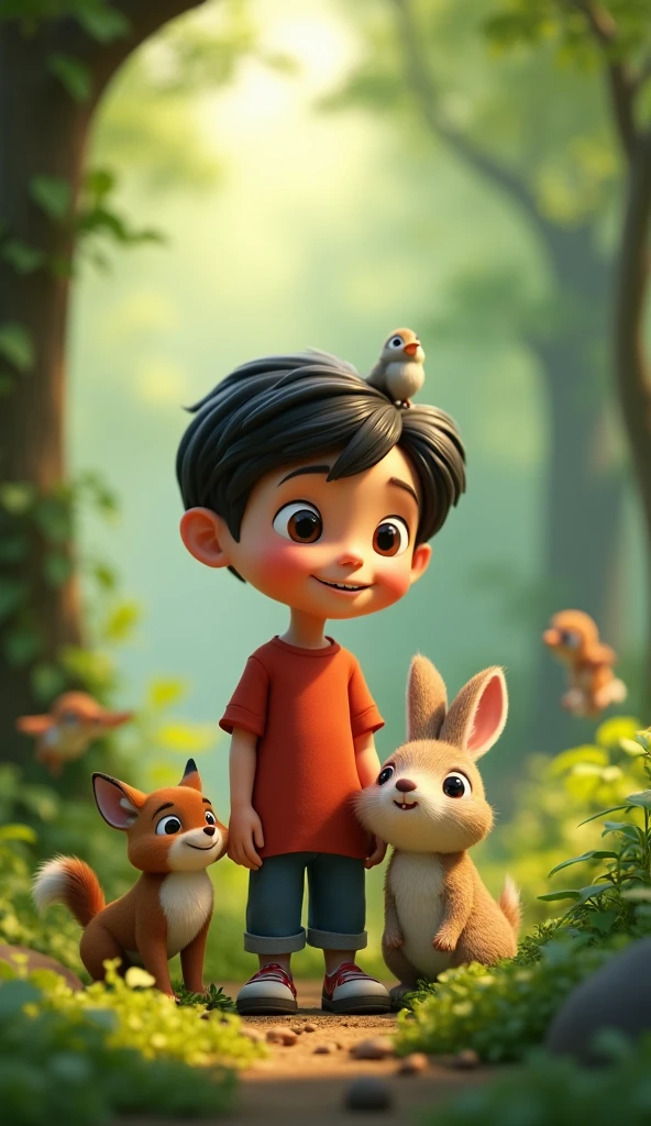 A boy flight attendant with animals living in a vintage house standing outside at his own lake(using differend types of elements in art)