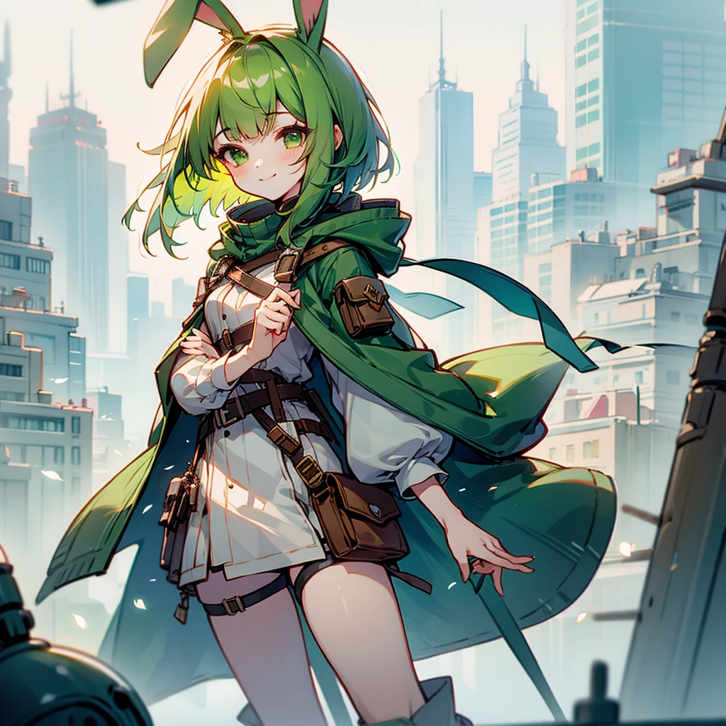 (long Green rabbit ears), green animal ears, (1 girl), green hair, green eyes, bob cut, thin eyebrows, smiling, young, alone, ****ta, hood, , short, overall, coat, long boots, red hood, wide pants, harness, fingerless globe, belt, waist pouch, in the city, tiny, baby face, pastel academia, cel anime, Solo