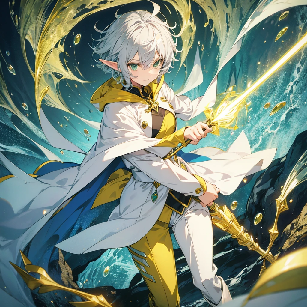 elf, cool female, silver hair,short hair, medium cut, ahoge, curly hair, green eyes,slender, fair skin, yellow drop reef magic wizard light armor robe, yellow cape, boyish, magic one hand cane, pants, long boots, cool smile, boyish