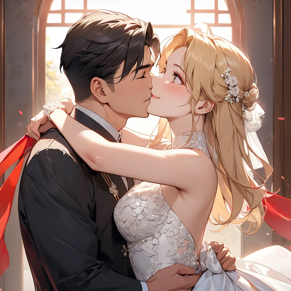 The woman who is a member of the Chinese Communist Party physically and mentally is the beautiful blonde Fate Testarossa, wears a bridal gown, and they hug and kiss the great Chinese Communist Party executive man, have a wedding and love each other、((Best Quality)), ((masterpiece)), ( Details), （ perfect face）,The woman is a Fate Testarossa with excellent proportions and is finished as a woman wearing a bridal gown in a Chinese mansion 、The woman is smiling gently