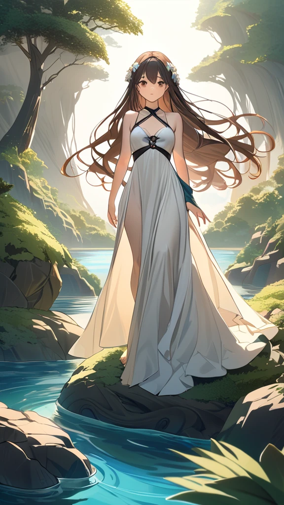 (An) elegant, (flowing) dress in a (subtle) yet (rich) hue, (accentuating)a figure(like that of a goddess), with long, (wavy) hair(in a (natural) shade that (pairs) well with the dress) that cascades down the back(in a way that (evokes) a sense of (elegance and grace)).