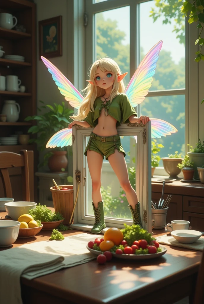 Super realistic illustration, Detailed Fantasy art, Cinema 4D rendering, 1 elven girl, minigirl, solo, full body, A Miniature white door with the door frame stands on the dining table, Portal to Another Dimension. The door opens and a Miniature elf steps out. The Miniature elf with transparent wings that shine with the rainbow color is looking up at the camera. From above. long blonde hair, Azure big eyes. green short puff sleeve cropped shirt, green low rise shorts that expose the groin, green lace-up boots, There are dishes and a fruit basket on the table. The background is an everyday kitchen scene. cinematic lighting, perspective