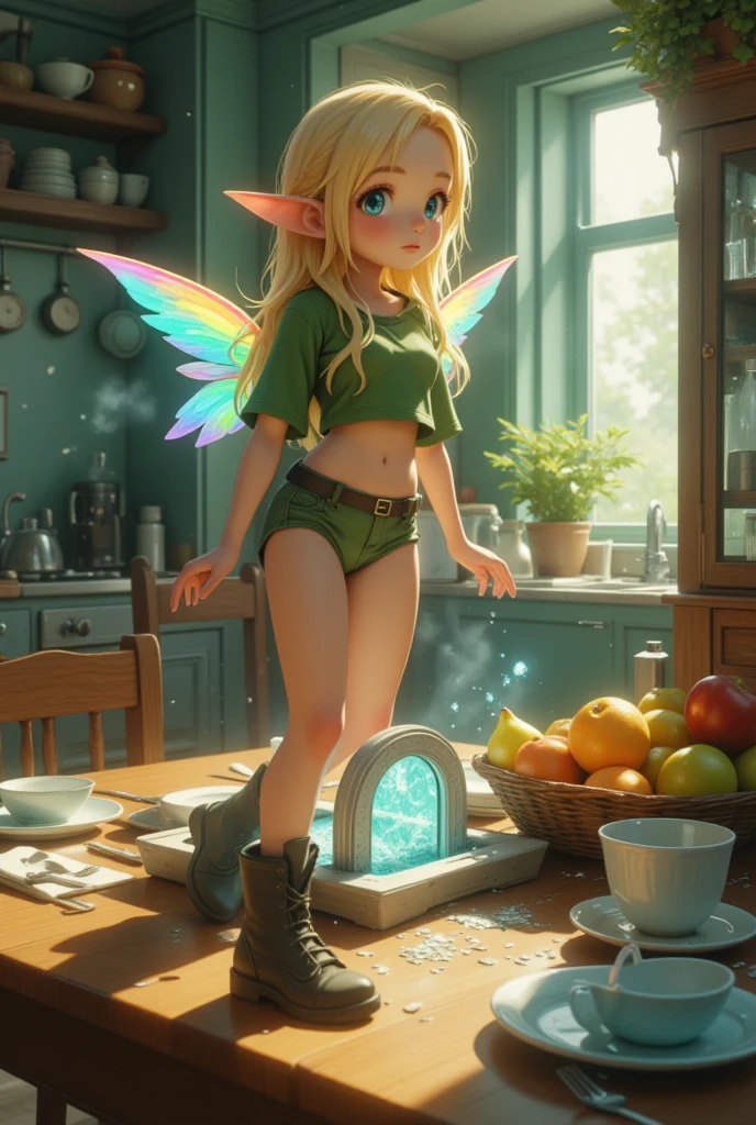 Super realistic illustration, Detailed Fantasy art, Cinema 4D rendering, 1 elven girl, minigirl, solo, full body, A Miniature white door with the door frame stands on the dining table, Portal to Another Dimension. The door opens and a Miniature elf steps out. The Miniature elf with transparent wings that shine with the rainbow color is looking up at the camera. From above. long blonde hair, Azure big eyes. green short puff sleeve cropped shirt, green low rise shorts that expose the groin, green lace-up boots, There are dishes and a fruit basket on the table. The background is an everyday kitchen scene. cinematic lighting, perspective