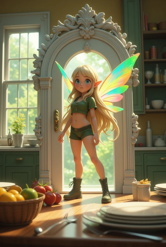 Super realistic illustration, Detailed Fantasy art, Cinema 4D rendering, 1 elven girl, minigirl, solo, full body, A Miniature white door with the door frame stands on the dining table, Portal to Another Dimension. The door opens and a Miniature elf steps out. The Miniature elf with transparent wings that shine with the rainbow color is looking up at the camera. From above. long blonde hair, Azure big eyes. green short puff sleeve cropped shirt, green low rise shorts that expose the groin, green lace-up boots, There are dishes and a fruit basket on the table. The background is an everyday kitchen scene. cinematic lighting, perspective