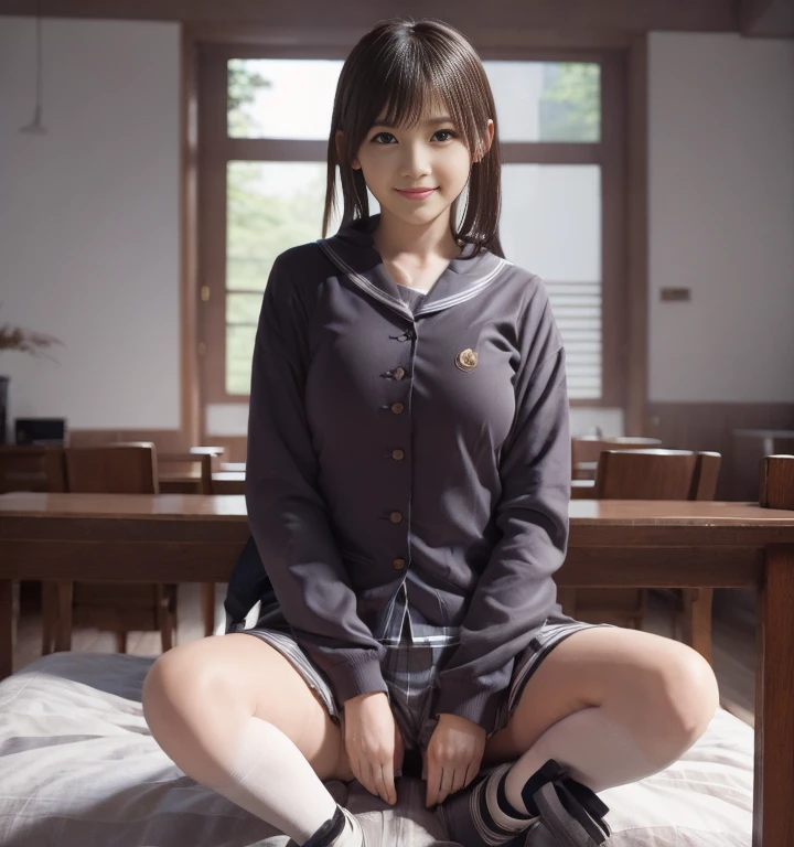 Masterpiece, bokeh, (Beautiful face), (Detailed face), (Japanese idle), (School uniform:1.3), (Blushed face:1.3), (Plump breast:1.2), (Squatting :1.5), (Cat ears:1.3), Classroom, (From below:1.5),