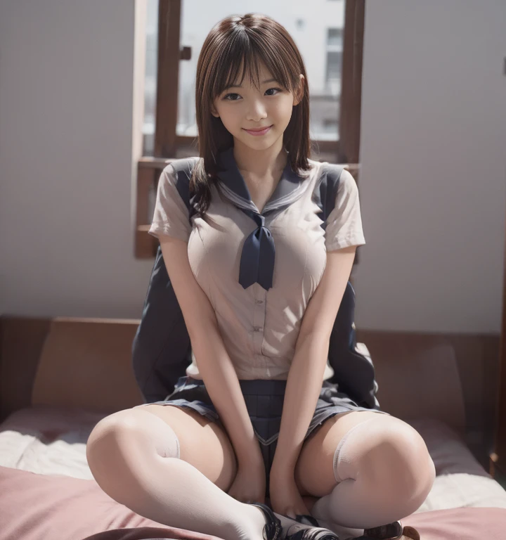 NSFW、japanes、Wearing a high school uniform、Impossibly short skirt、Very very cute face、(ふしだらなＹDark blue micro mini pleated skirt on shirt、Underwear under clothes、Bra in white、white  panties)、fascination pose、lying on one's side、Legs wide open、((The skirt is flipped up and the panties are visible:1.2,)),mekosji, ((top-quality,8K,​masterpiece:1.3,)),Crisp focus:1.2,Cute woman with perfect body shape:1.4,The best smile,Young Face、You can see the double teeth、Light Brown Medium Bob Hair、A slender,abdominals:1.2,Cameltoe,Show off panties with both legs open