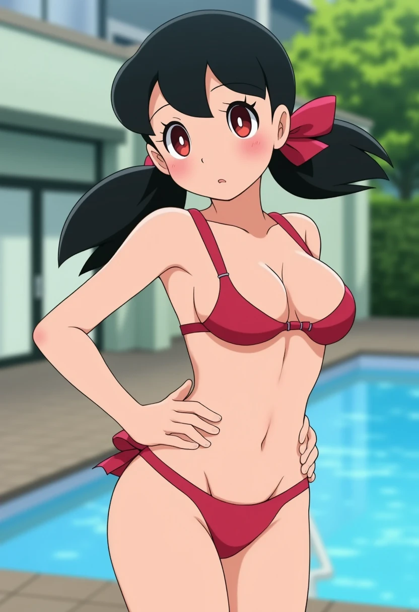 1girl, solo, slim, bent over, upper body, black hair, twintails, large breasts, short twintails, cleavage, red micro bikini, bathtub