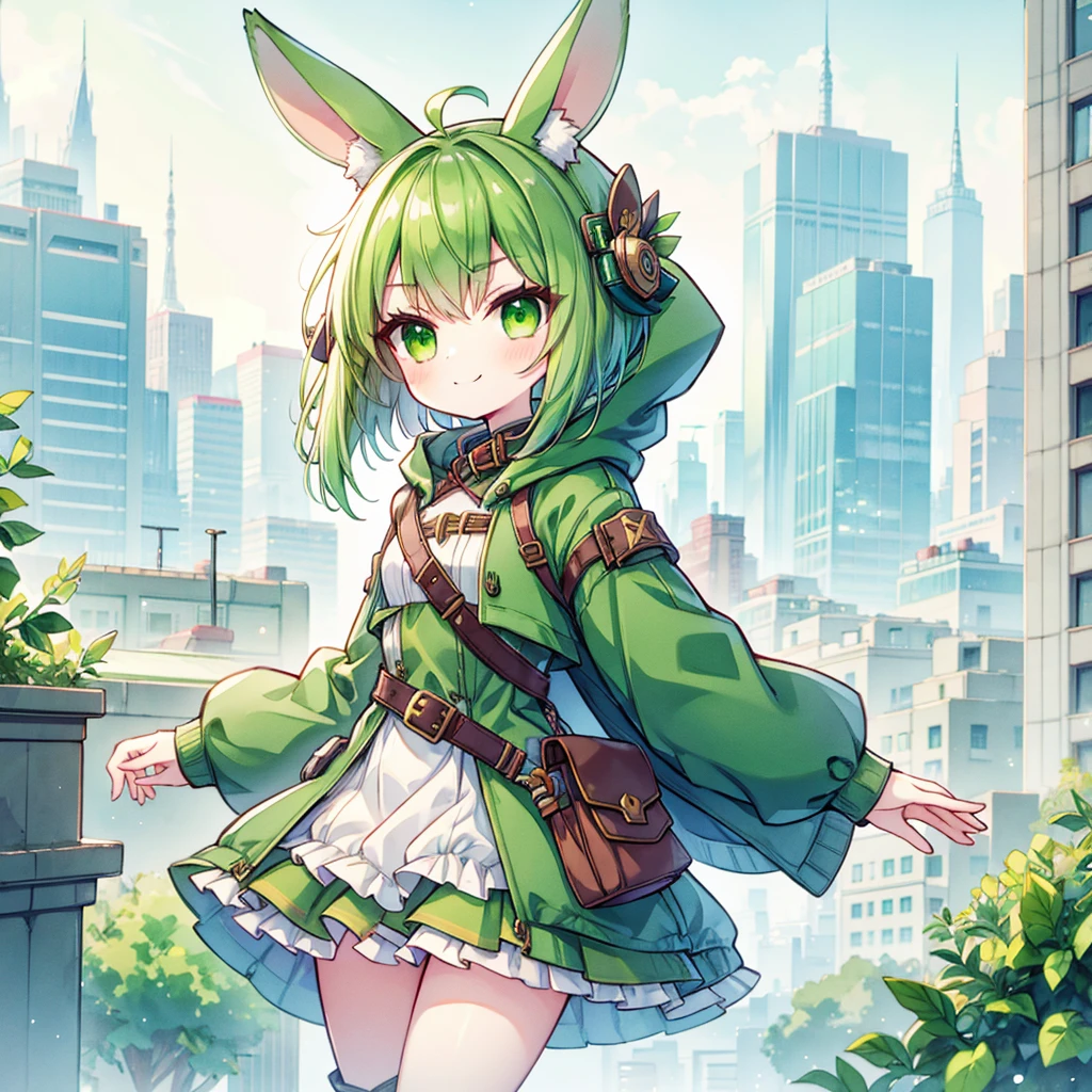 (long Green rabbit ears), green animal ears, (1 girl), green hair, green eyes, bob cut, thin eyebrows, smiling, young, alone, Lolita, hood, , short, overall, coat, long boots, red hood, wide pants, harness, fingerless globe, belt, waist pouch, in the city, , babystel academia, cel anime, Solo