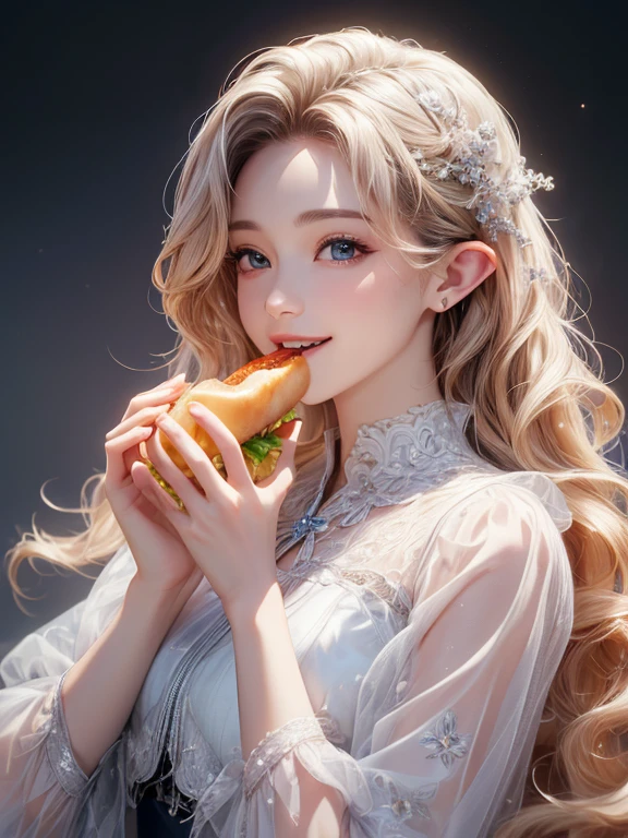 masterpiece, Best Quality,  High Definition CG Unity 8k Wallpaper,((Upper body portrait)), ((stall)), (  so beautiful１２Women of age), (Holding a giant hot dog with both hands and eating ), (Long pointy ears),    elegant long wavy platinum blonde hair  , ((Average Chest Circumference, Self-illuminating skin)), ((Unknown uniform style  )), ( white skin), ( Happy smile), cute,  Symmetrical face , fine grain, Key Art, Awards,   intricate detail realism HDR  ,   photorealism  ,  hyperrealism, Ultra-realistic,   dramatic light  ,   Great views  ,   Written Boundary Depth, french fries, [drink,