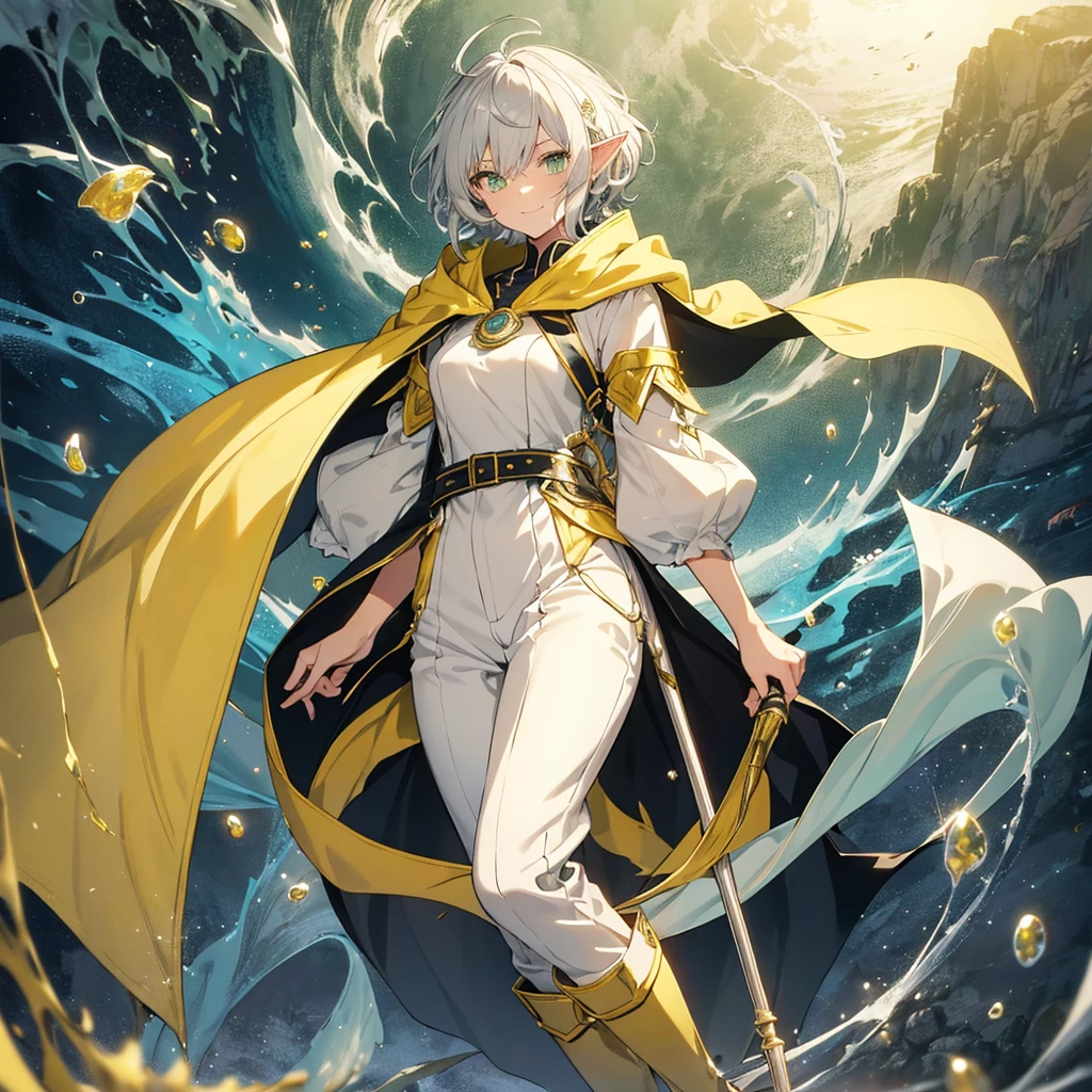 elf, cool female, silver hair,short hair, medium cut, ahoge, curly hair, green eyes,slender, fair skin, yellow drop reef magic wizard light armor robe, yellow cape, boyish, magic one hand cane, pants, long boots, cool smile, boyish
{{chibi}}, {{XD}}