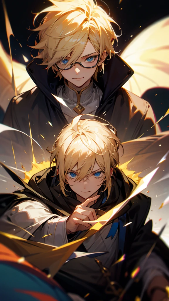 Men's 25 ,smile, blue eyes , Blonde hair, Jewelry, earring, Hair flower, precise, Best Quality, Symbol Eyes , รอยsmileบางๆ, Hood, Ring on the head, Safety Glasses , Dragon Hill, Blurred, flickering light , Light fair, Thick line, Mixing,