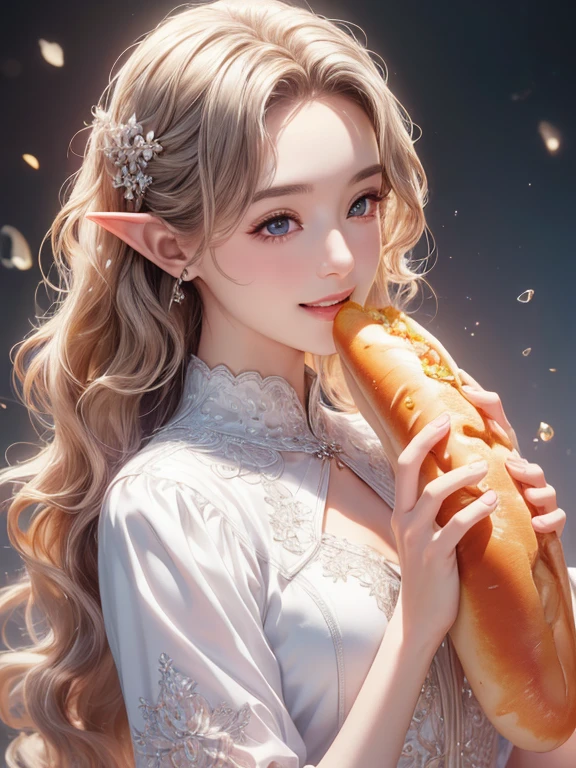 masterpiece, Best Quality,  High Definition CG Unity 8k Wallpaper,((Upper body portrait)), ((stall)), (  so beautiful１２Women of age), (Holding a giant hot dog with both hands and eating ), (Long pointy ears),  elegant long wavy platinum blonde hair , ((Average Chest Circumference, Self-illuminating skin)), ((Unknown uniform style  )), ( white skin), ( Happy smile), cute, Symmetrical face , fine grain, Key Art, Awards,  intricate detail realism HDR  ,  photorealism  ,  hyperrealism, Ultra-realistic,  dramatic light  ,  Great views  ,  Written Boundary Depth, french fries, [drink,