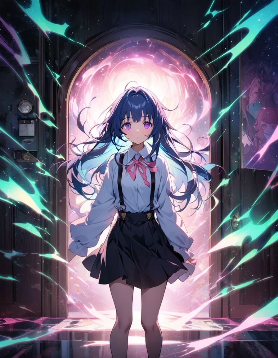  Furude Rika, woman, Alone, ((door)), ((異次元のdoor)), Shining in the dark, Green light, Mysterious aura, ポータルの前で立つwoman,  glowing in the dark with a glowing effect, surreal space , space-time distortion ,  blue hair ,  purple eyes,  white shirt ,  Pink Ribbon ,  suspenders,  black skirt ,