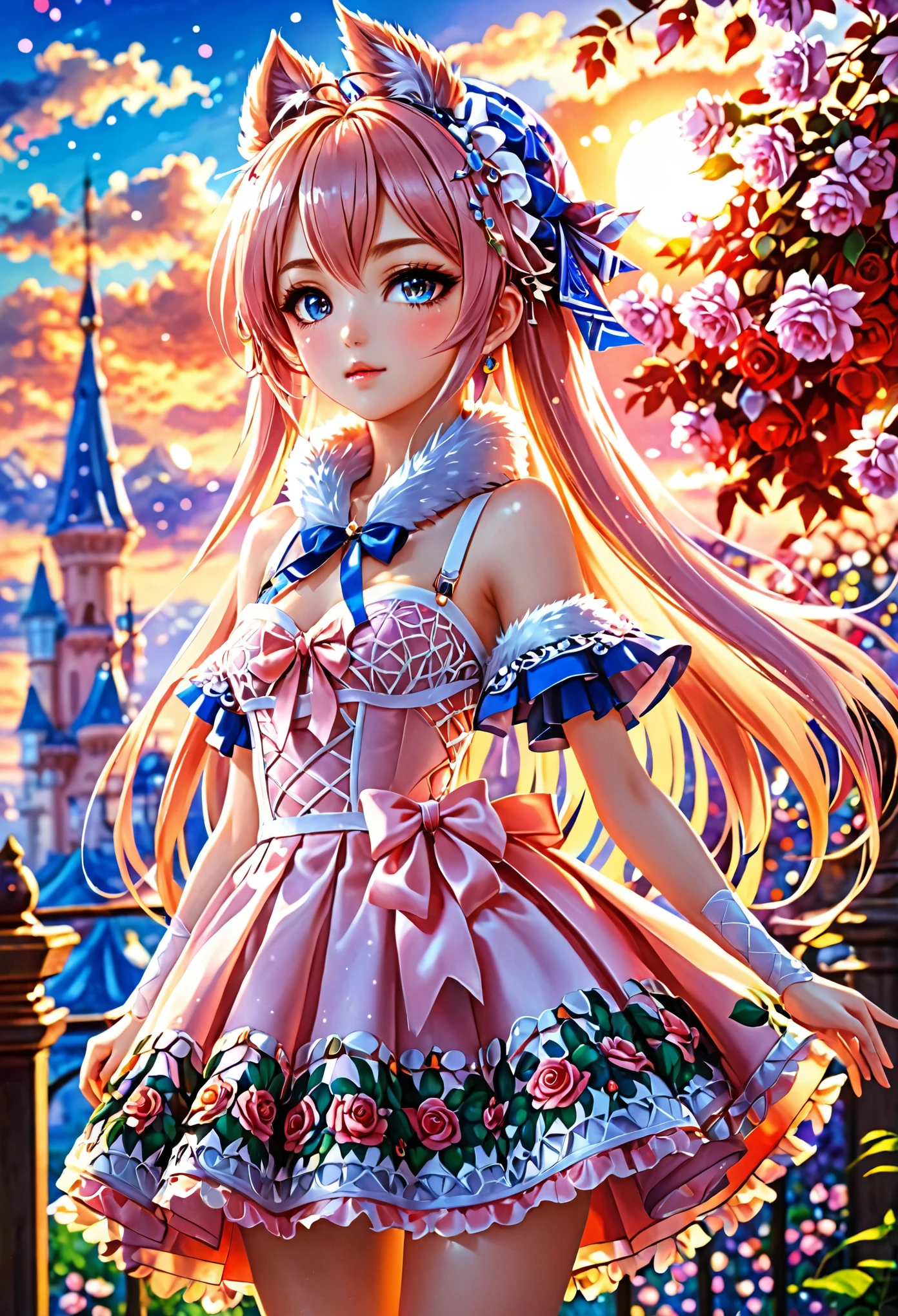 anime, anime Девушка,  Detailed Bandage Dress,  Hair colors ,  Maximum of rose details ,  wide viewing angle , shoes, Fur scarf ,  Background Complex of Different Details , bright day, Sun, (masterpiece :1.4), (magic :1.4), 