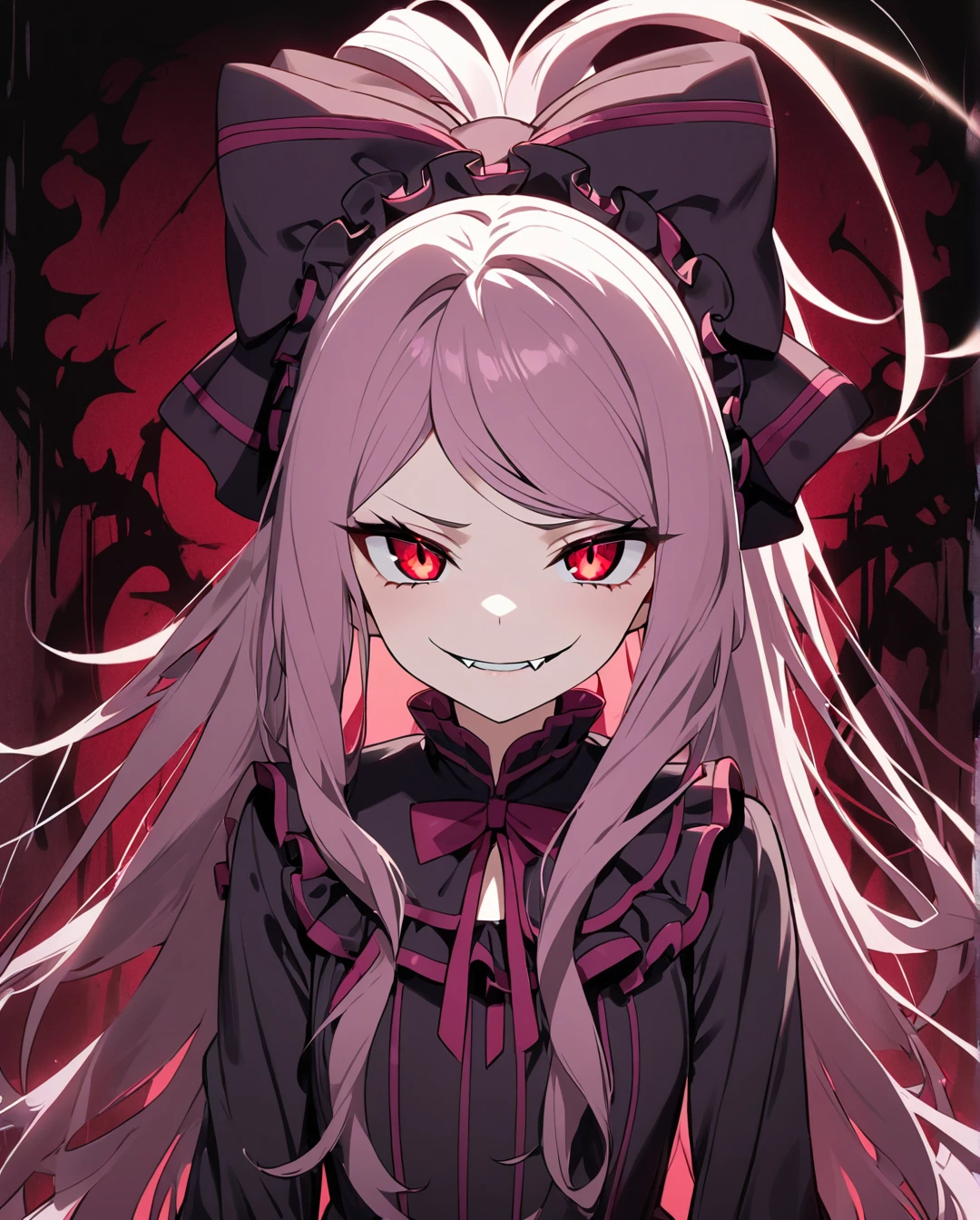 1girl,solo,shalltear,long hair,ponytail,red eyes,(glowing eyes:0.5),bow,black dress,frilled dress,long sleeves,fang,upper body,evil smile,looking at viewer,simple background, ⅾark background 