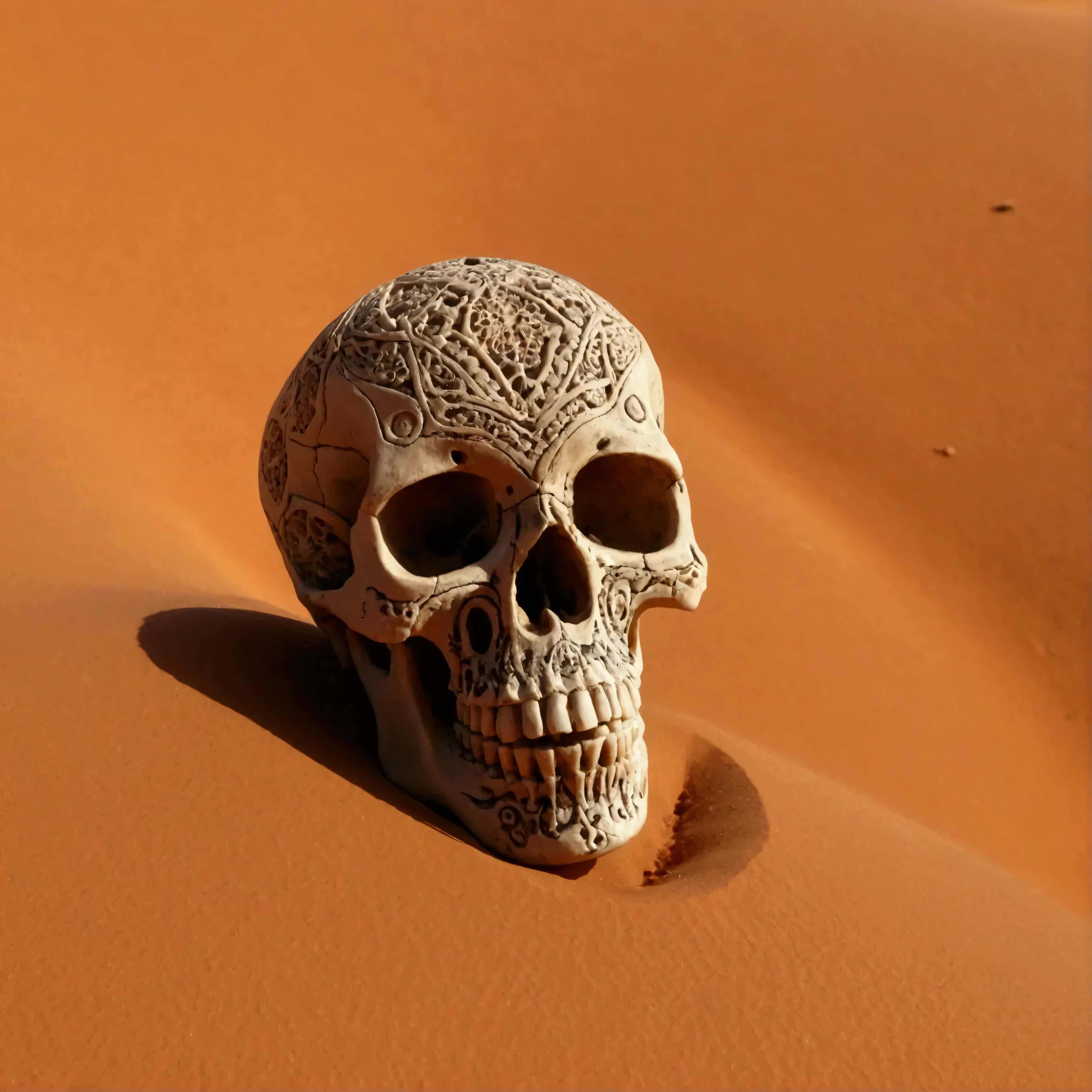 there is a skull with a big eyeball on the ground, in the art style of filip hodas, tilt shift desert background, full body character portrait image, orange planet, aztec skull, by storm thorgerson, mandelbulb 3 d buildings, high detailed cartoon, alternate reality ceramic age, skull mask, fear emoji, profile picture 1024px, surreal photo, realistic, field, photo background,highly detailed,24mm photograph, film, bokeh, professional, 4k,