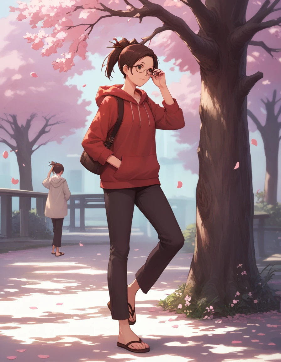 score_9, score_8, score_7, source_anime,
fuu, hair ornament, hair stick, ponytail, casual, hoodie, pants,
1girl, adjusting eyewear, bespectacled, clog sandals, glasses, petals, tree