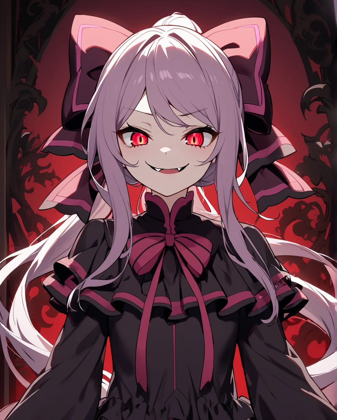 1girl,solo,shalltear,long hair,ponytail,red eyes,(glowing eyes:0.5),bow,black dress,frilled dress,long sleeves,fang,upper body,evil smile,looking at viewer,simple background, ⅾark background 