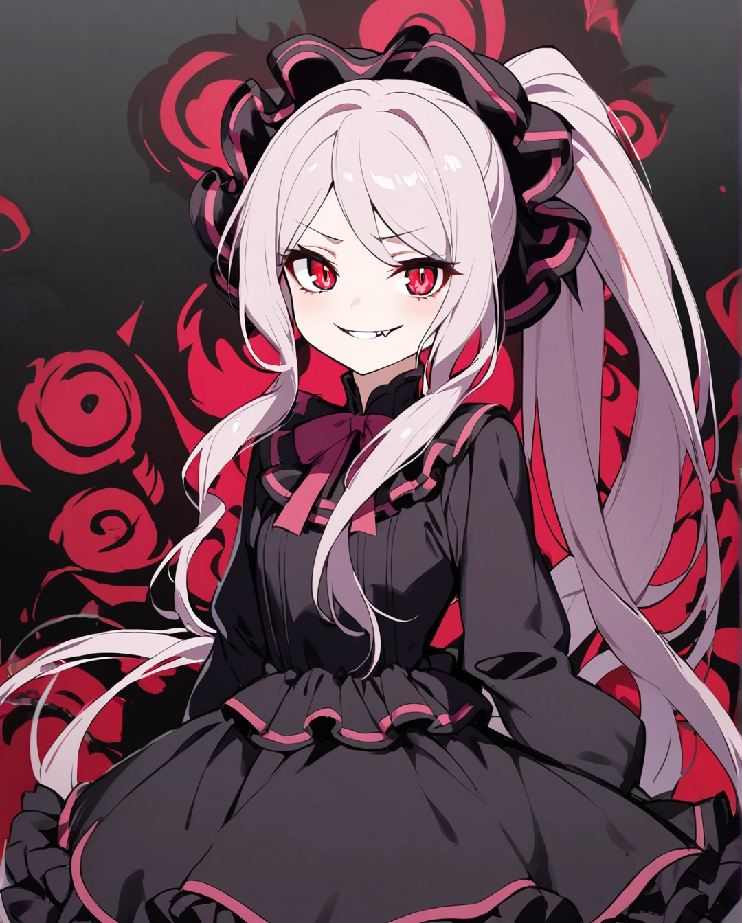 1girl,solo,shalltear,long hair,ponytail,red eyes,(glowing eyes:0.5),bow,black dress,frilled dress,long sleeves,fang,upper body,evil smile,looking at viewer,simple background, ⅾark background 