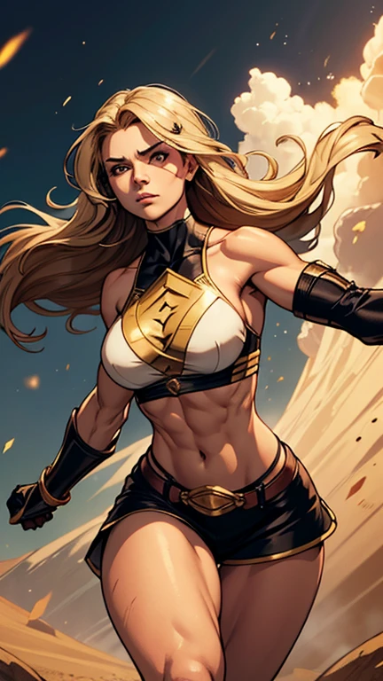 Arte similar Jonh Buscema,1garota,cabelos longos sedosos, cabelos negros, olhos verdes, Superheroíne, super-realista, middlebreasts, Brazilian heroine outfit sporting the colors of the Brazilian flag, olhar audacioso, postura imponente, 4K分辨率, Lotes Cameltoe, lotes de dedo de camelo, Sentido Superior, pelos negros, with your clenched fisted hands, scenario Brazil year 2023