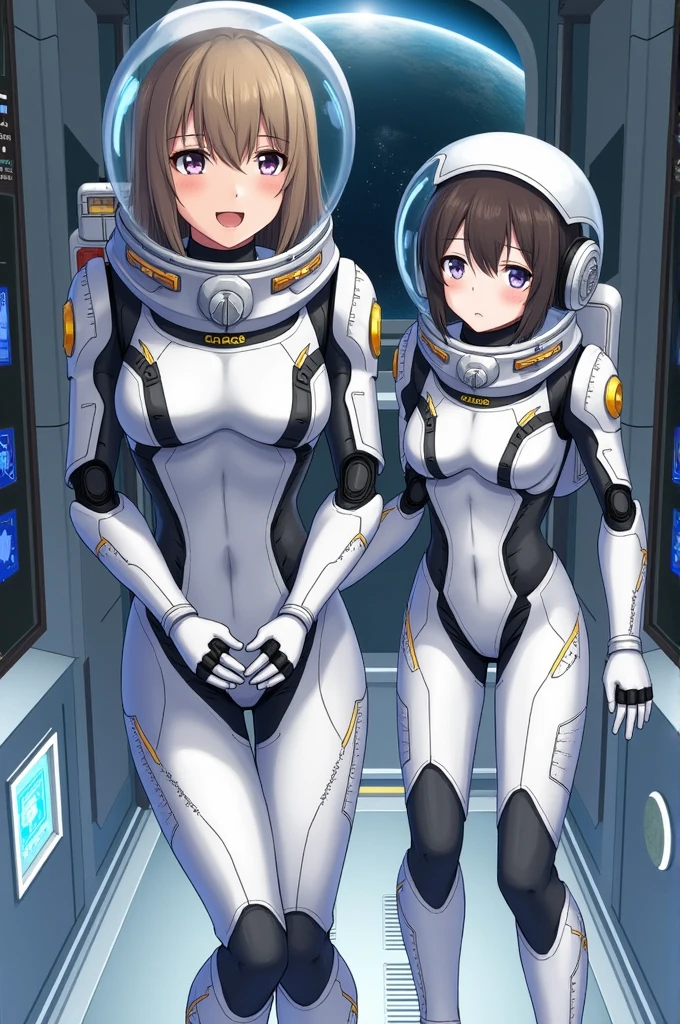 2 girl, yuri, space helmet, bubble helmet,, eva helm 2girls,,space helmet, eva helm,wearing a (spacesuit:1.15), white cargo pants, astronaut),room, doggystyle, tongue out, 2girls, saliva trail, cum on body, close eyes