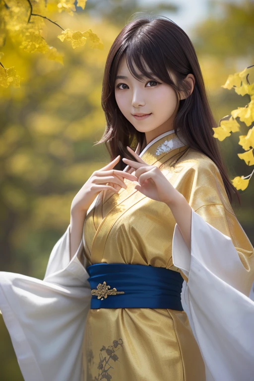 Photo-realistic quality、Japanese model posing for kung fu wearing a blue china dress、The background is a row of yellow ginkgo trees 、 looking at the camera、Rin々A good appearance、Detailed and beautiful eyes、Cute smile、 soft and gentle expression 