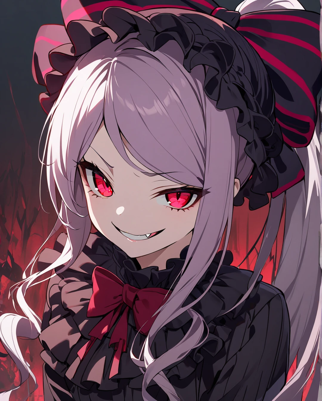 1girl,shalltear bloodfallen,long hair,ponytail,red eyes,(glowing eyes:0.5),bow,black dress,frilled dress,long sleeves,fang,upper body,evil smile,looking at viewer,simple background, ⅾark background 