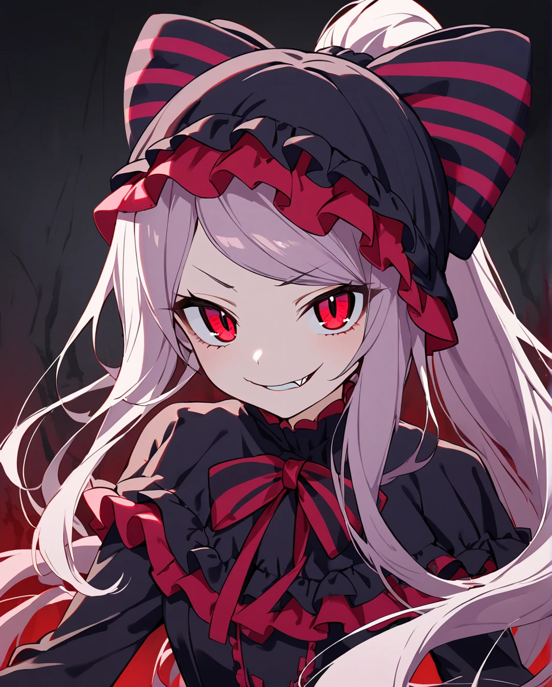 1girl,shalltear bloodfallen,long hair,ponytail,red eyes,(glowing eyes:0.5),bow,black dress,frilled dress,long sleeves,fang,upper body,evil smile,looking at viewer,simple background, ⅾark background 