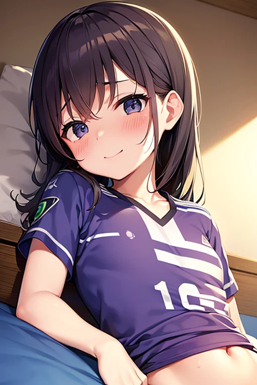 Wearing a soccer uniform with an embroidered logo、Junior high school girl with small breasts、Sweaty and looking happy、Her nipples are visible and protruding、Lying on the bed、Low - Angle、The uniform has an embroidered logo、indoor