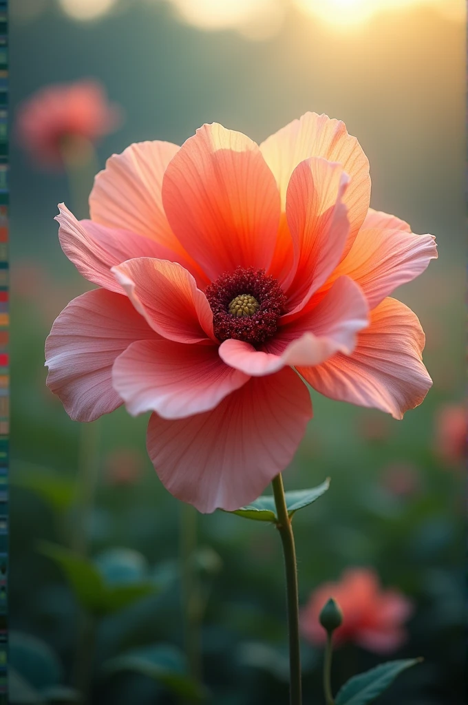 Create a captivating image of a Princess Victoria Louise Oriental Poppy in full bloom. The poppy should feature large, showy flowers with delicate, crinkled petals that are a rich, vibrant shade of coral-pink. Each petal should have a slightly translucent quality, catching the light and creating a soft, glowing effect. The center of the flower should be a contrasting deep black or dark purple, showcasing the intricate stamens and giving the bloom a dramatic focal point. The plant should have tall, sturdy stems adorned with finely cut, dark green foliage. The background can be a gentle blur of a garden setting with soft green and floral tones to highlight the poppy’s bright, eye-catching colors.