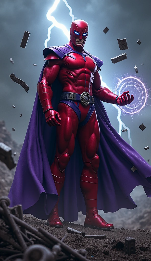 A muscular old man in a red V-shaped helmet, red suit with a purple belt, gloves and boots, and a purple cape, controlling electricity and magnetic fields, (best quality,4k,8k,highres,masterpiece:1.2),ultra-detailed,(realistic,photorealistic,photo-realistic:1.37),intricate details,highly detailed face and body, dramatic lighting, cinematic composition, digital art, concept art